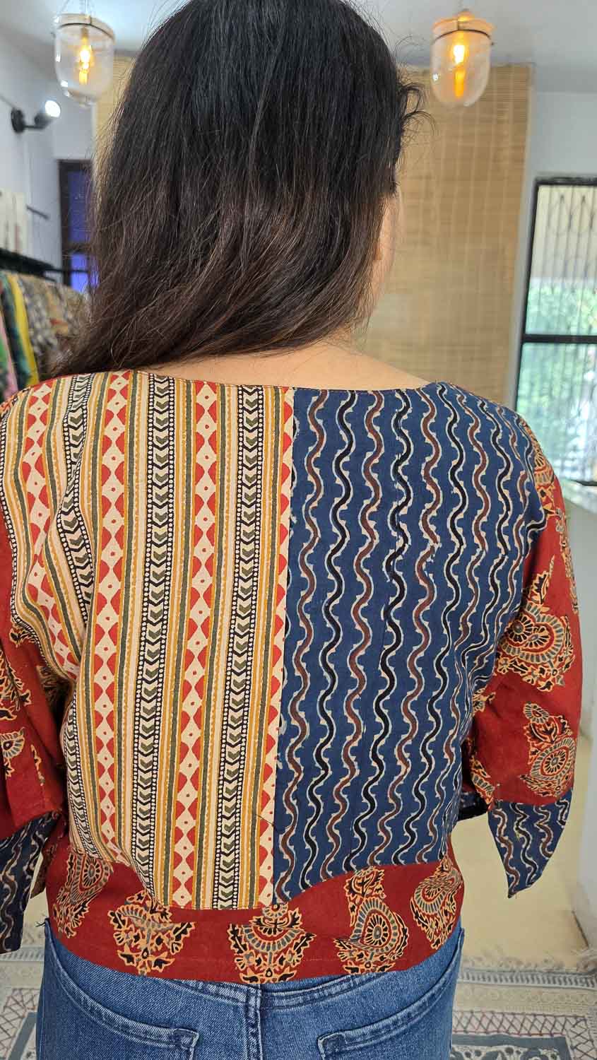 Red Blue cream Ajrakh Ready to stich Blouse/Cropped Top