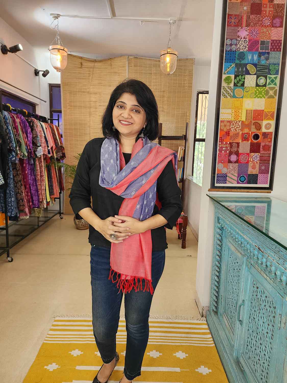 Pink Blue Mercerized Ikkat Scarf