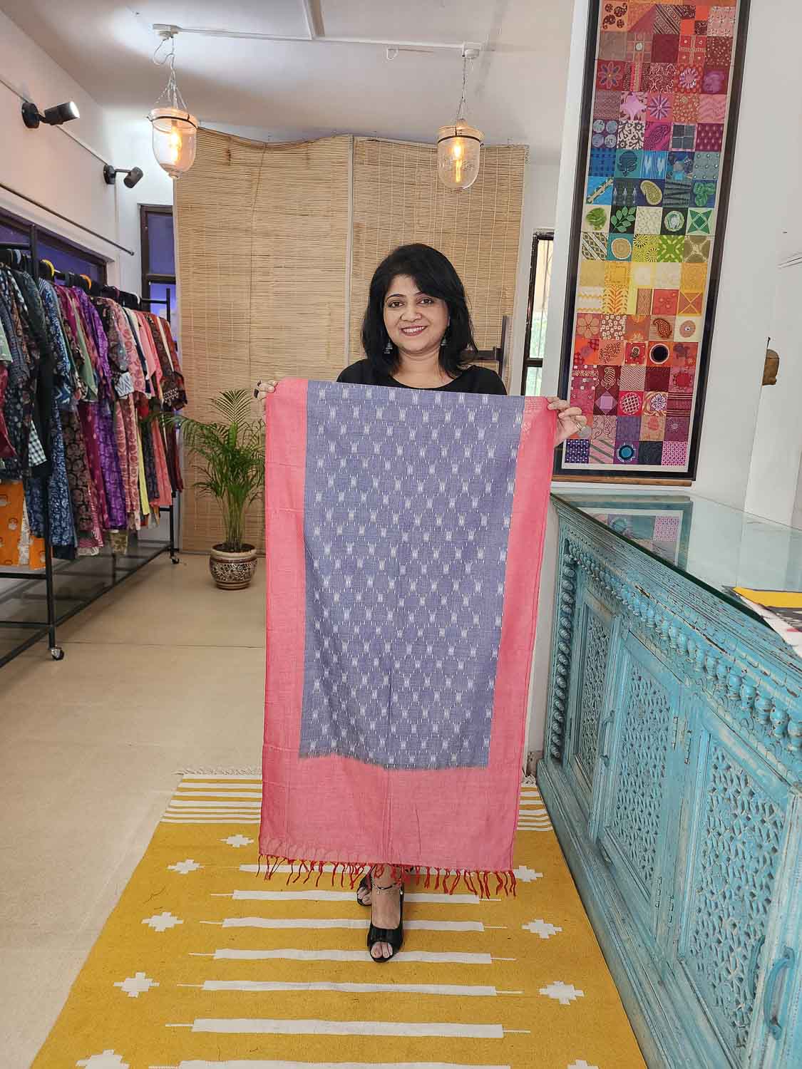 Pink Blue Mercerized Ikkat Scarf