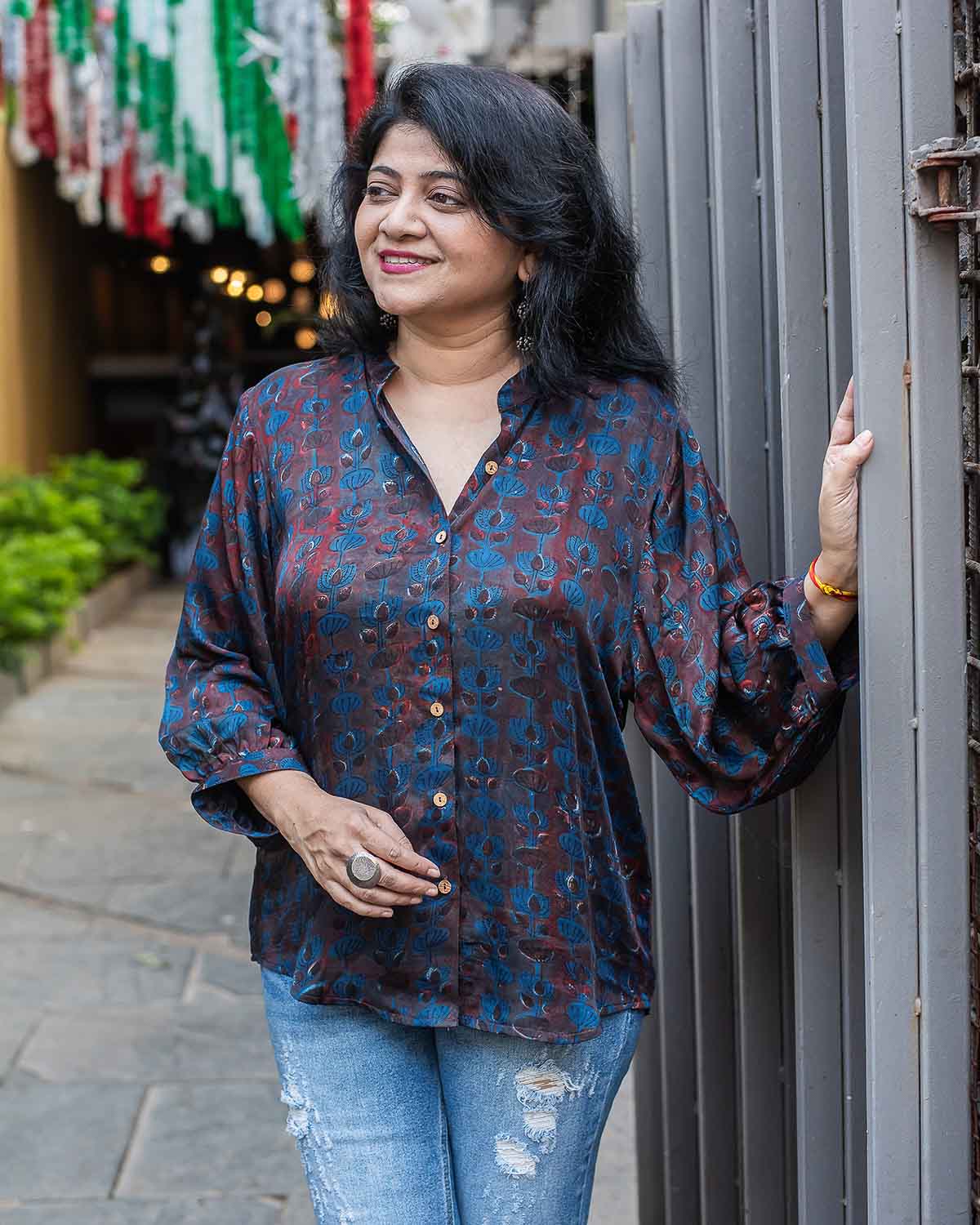 Modal silk Maroon Indigo Short Kurta - comfort fit