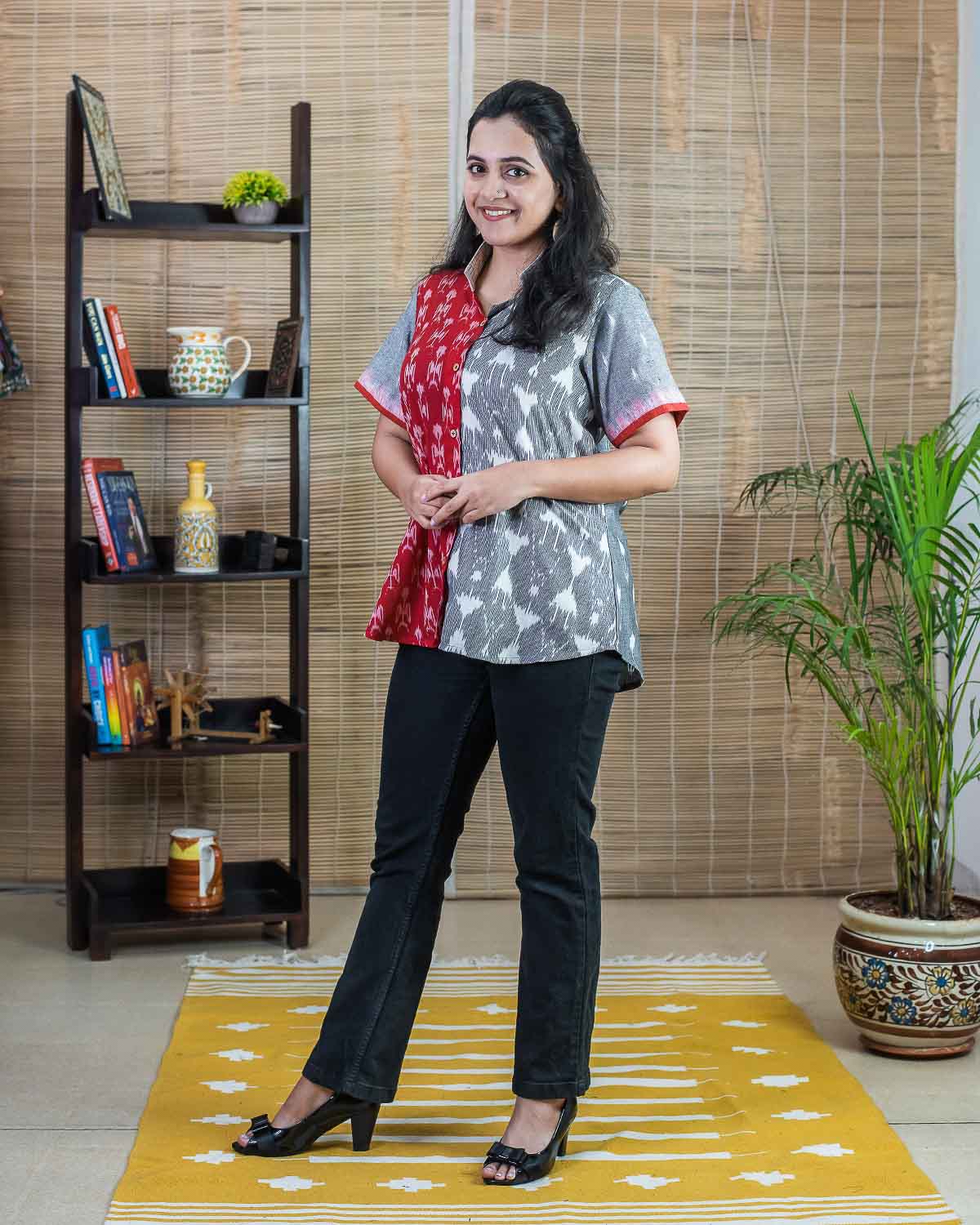 Gray-Red Ikkat patchwork shirt