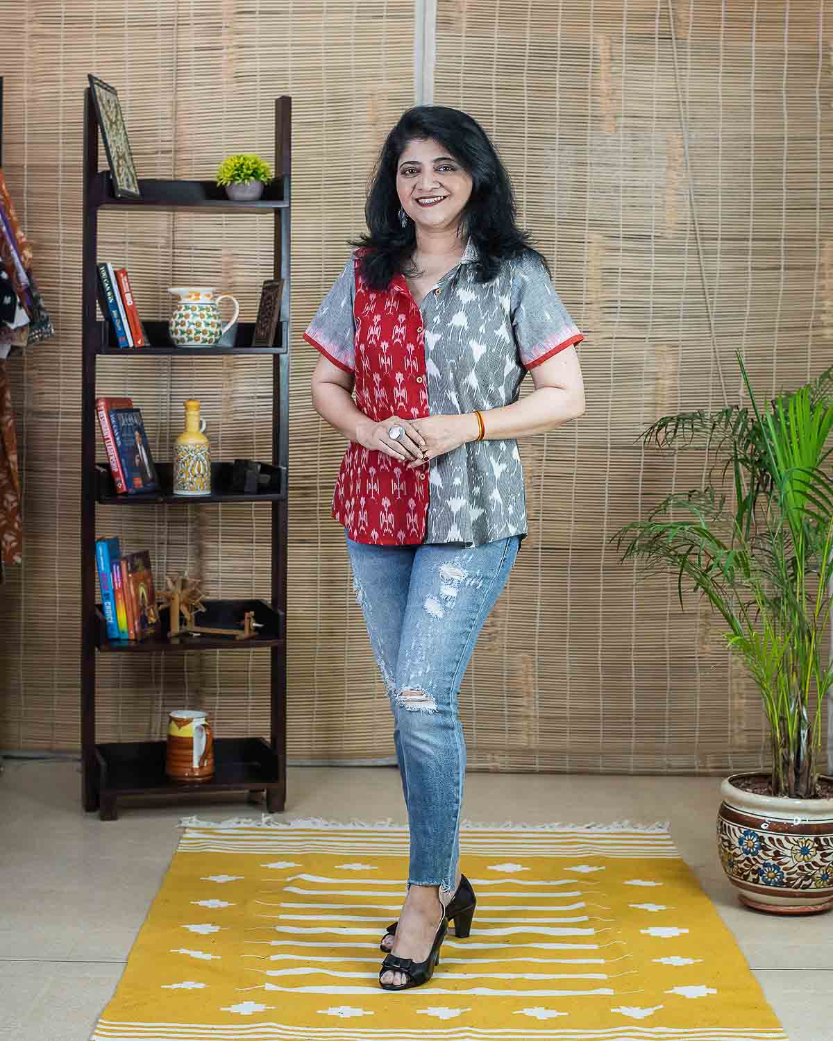 Gray-Red Ikkat patchwork shirt