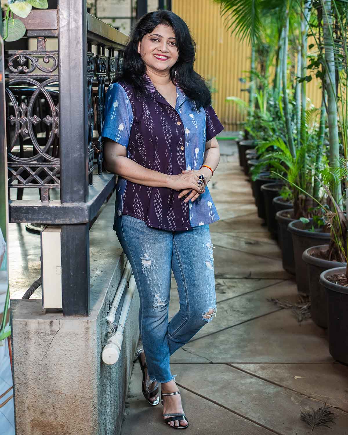 Handwoven Ikkat Cotton Ikkat Patchwork Shirt Women in Purple Blue — Rush Me Fashions