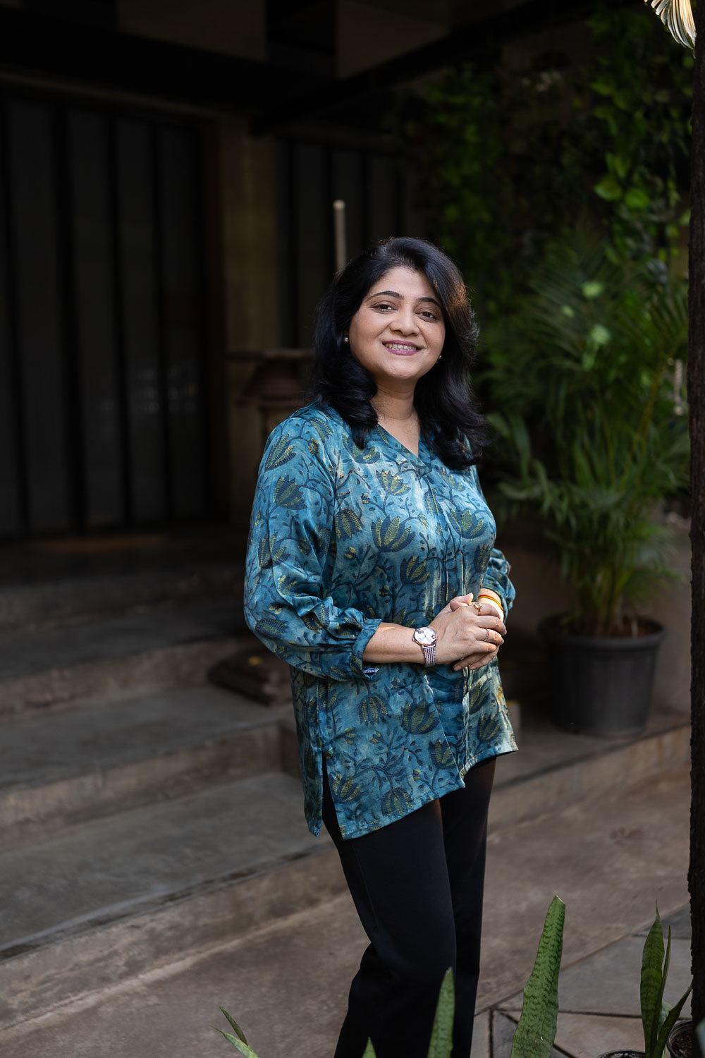 Handcrafted Modal Silk Office Wear Short Top — Indigo Green