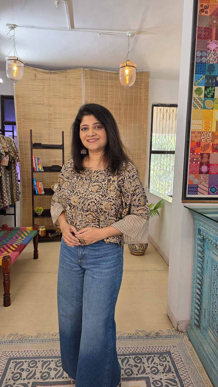 Yellow ikkat & cream kalamkari & stripes