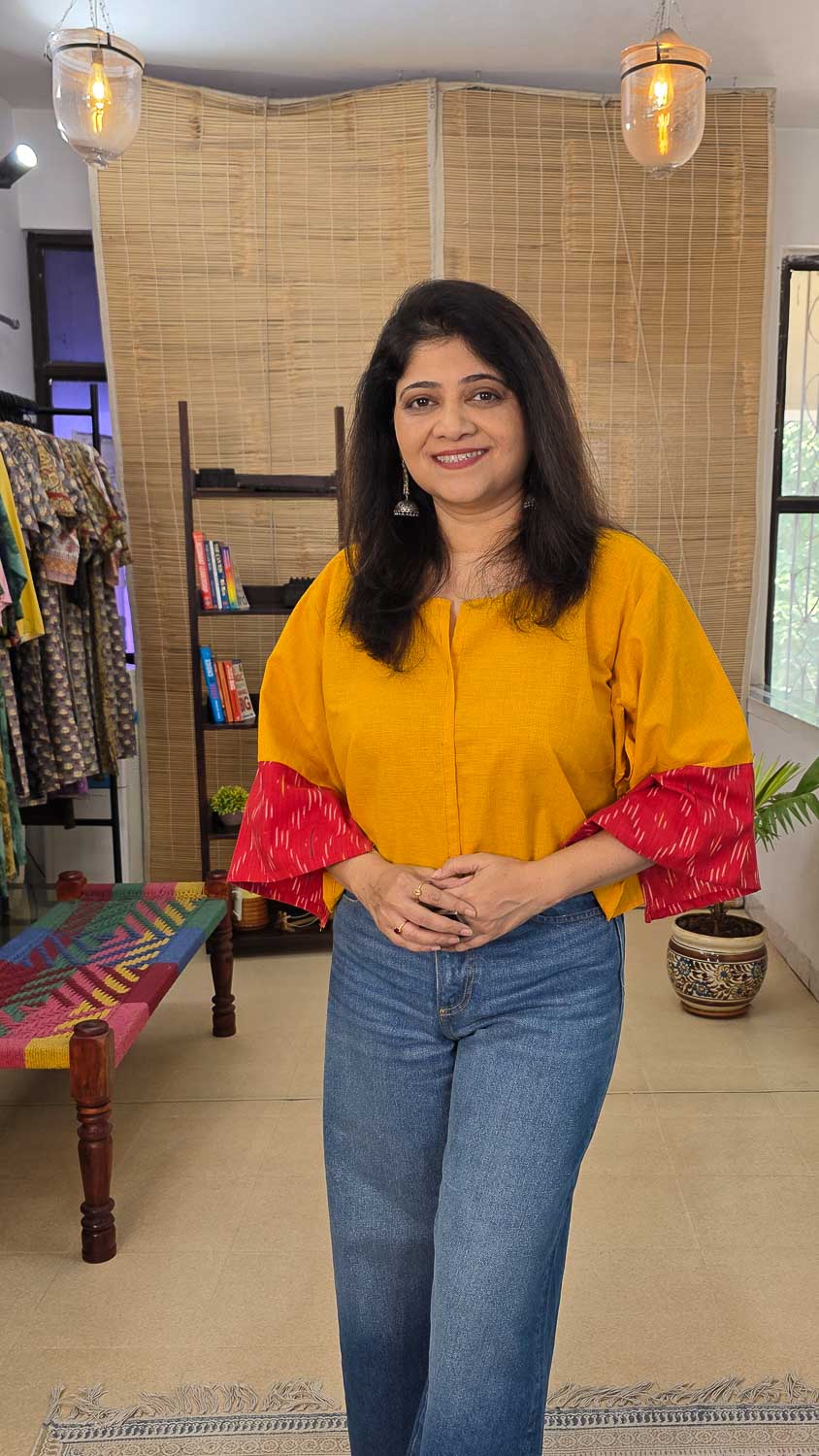 Yellow cotton with red ikkat & handwork