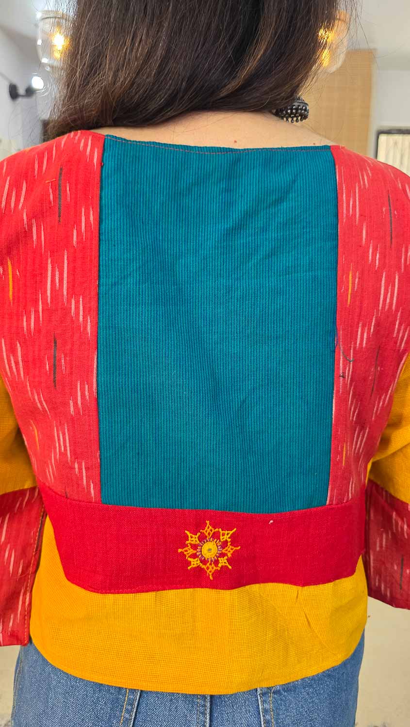 Yellow cotton with red ikkat & handwork