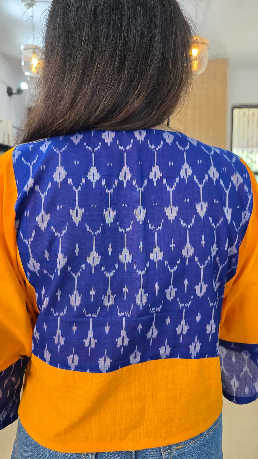 Yellow cotton with blue cotton silk ikkat
