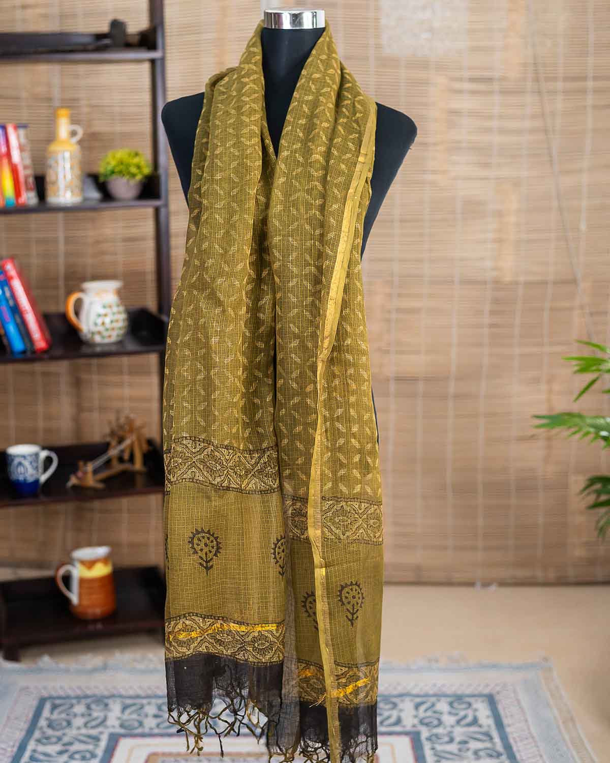 Vanaspati Ajrakh Handblock Printed Kota Doria Cotton Dupatta — Green