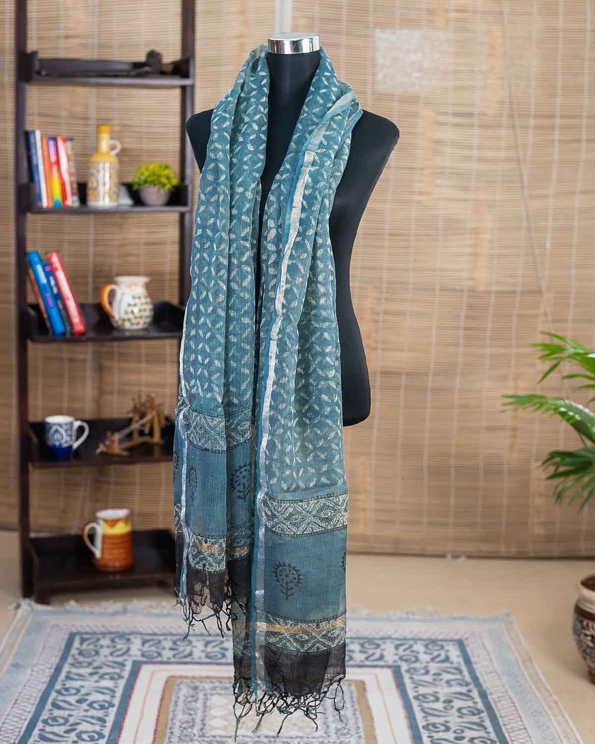 Vanaspati Ajrakh Handblock Printed Kota Doria Cotton Dupatta — Indigo