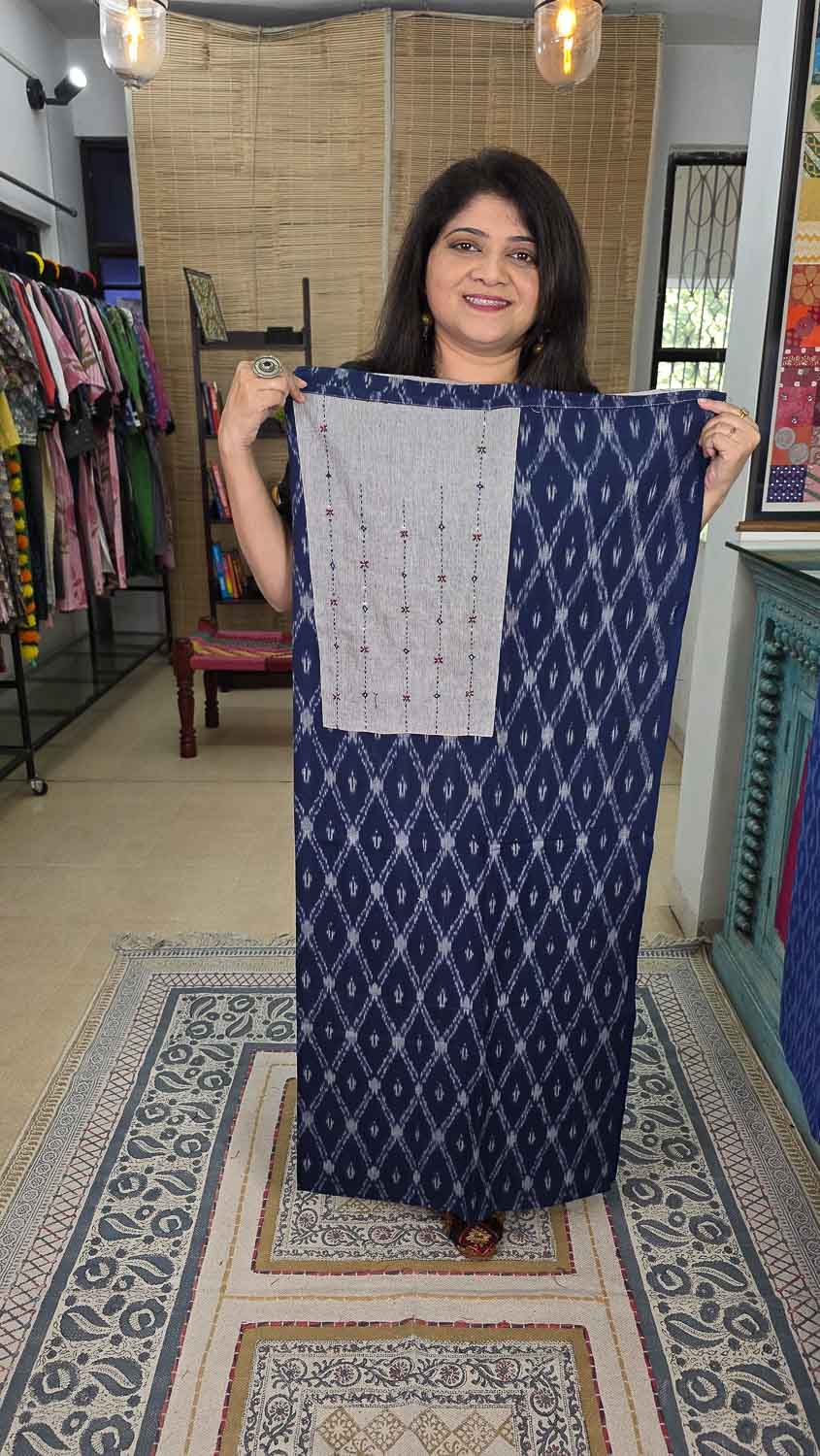 Navy blue double ikkat with ikkat patch with hand work