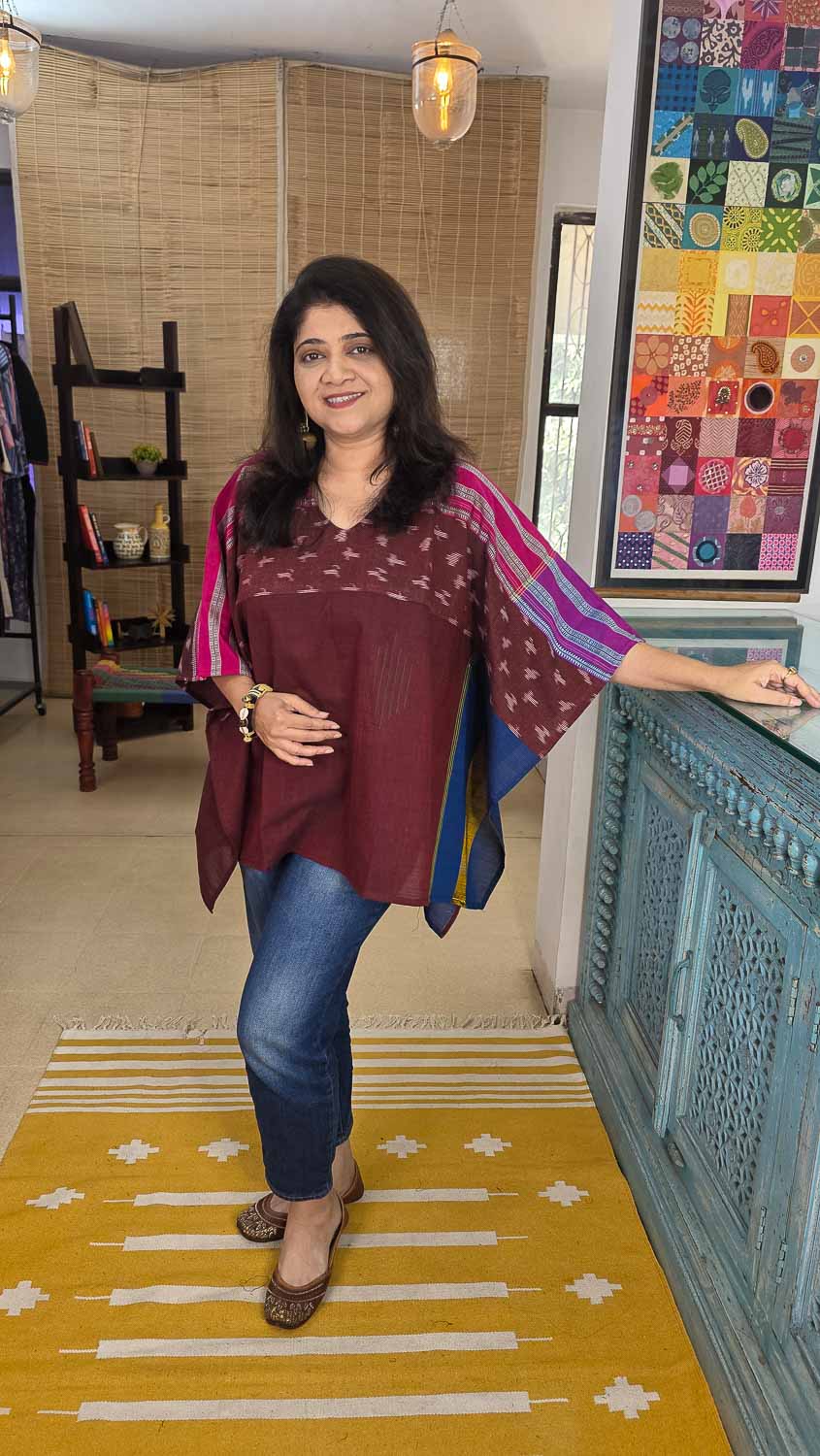 Handwoven Ilkal Ikkat Cotton Kaftan — Brown Rush Me fashions