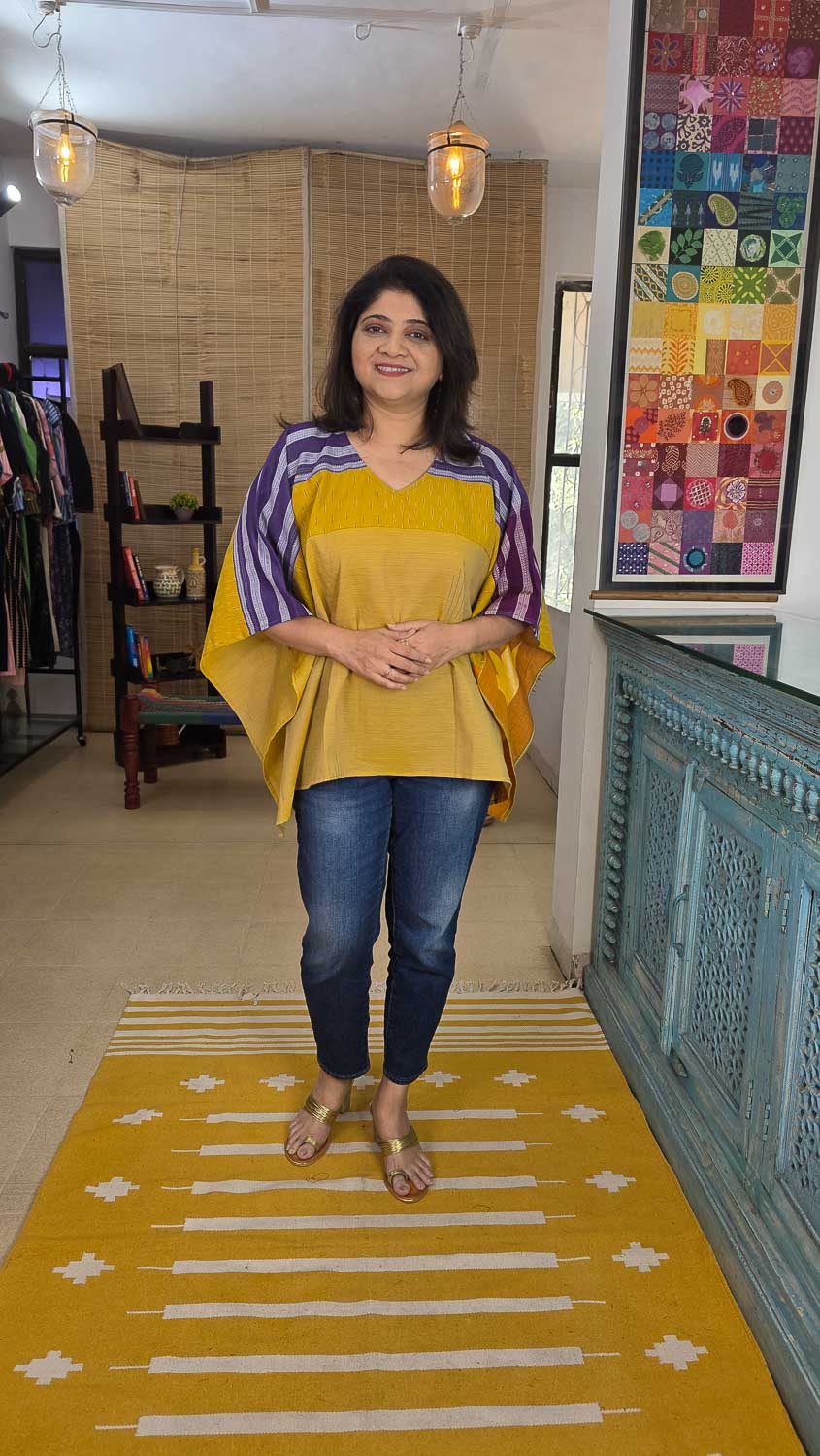 Handwoven Ilkal Ikkat Cotton Kaftan — Yellow Purple