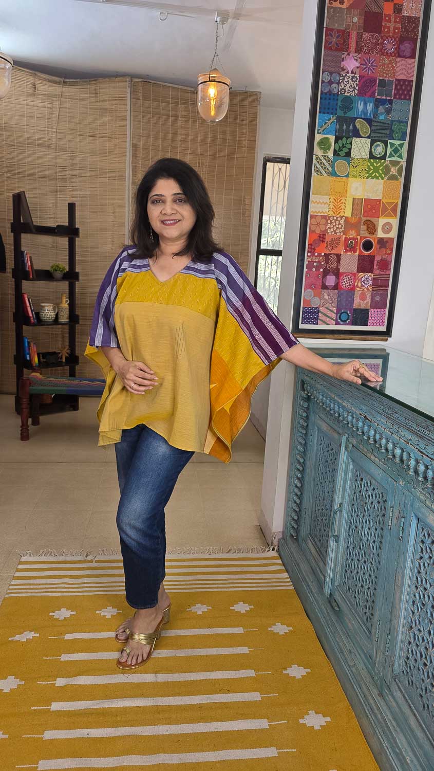 Handwoven Ilkal Ikkat Cotton Kaftan in Yellow Purple — Rush Me Fashions