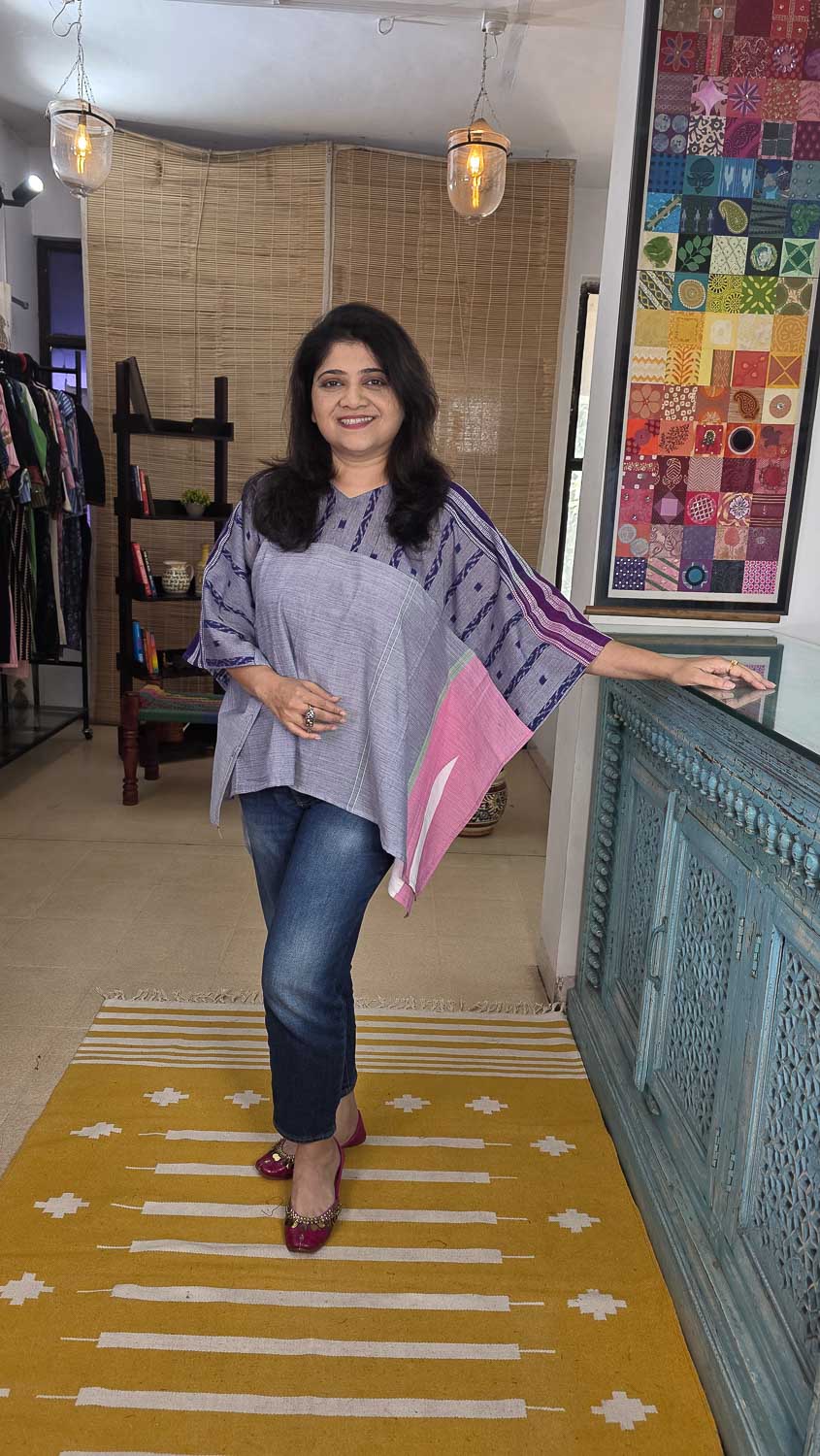 Handwoven Ilkal Ikkat Cotton Kaftan in Gray Pink Blue — Rush Me Fashions