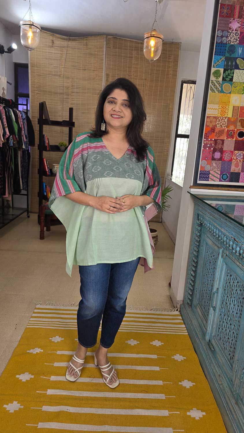 Designer short kaftan Light green with Bottle Green