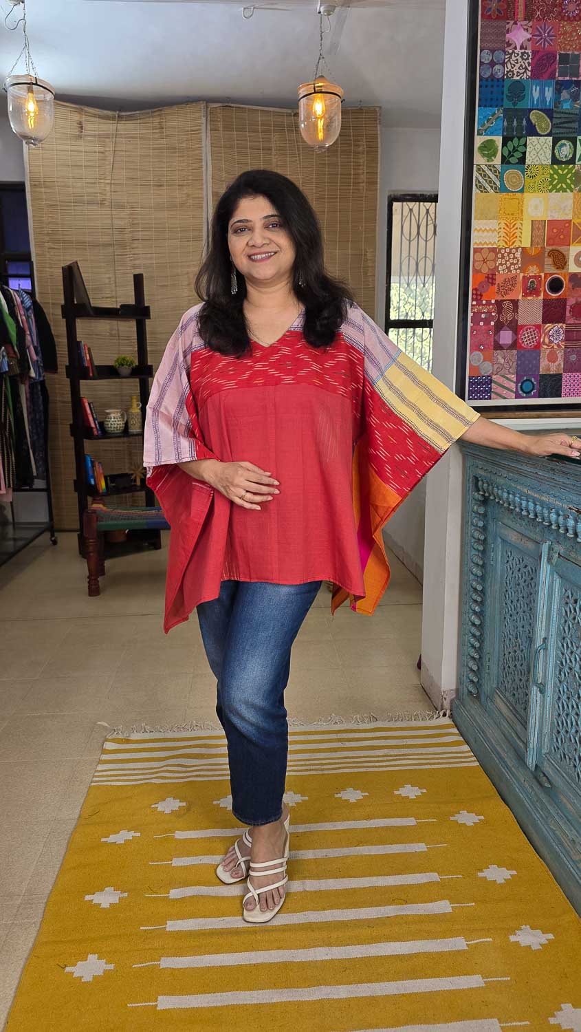 Designer short kaftan Orange red with light color border