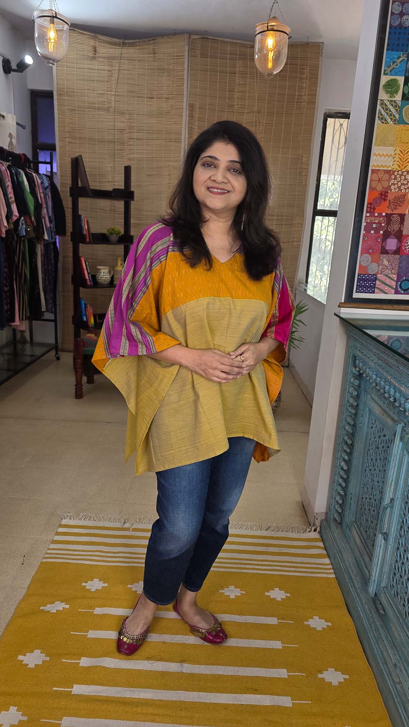 Designer short kaftan Yellow with magenta & pink