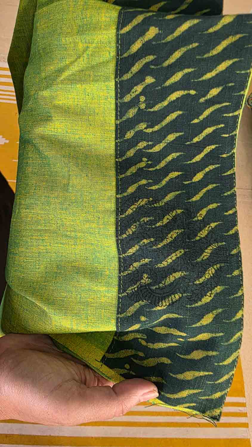 Handblock Printed Embroidered Cotton Kurta Fabric Unstitched — Military Green