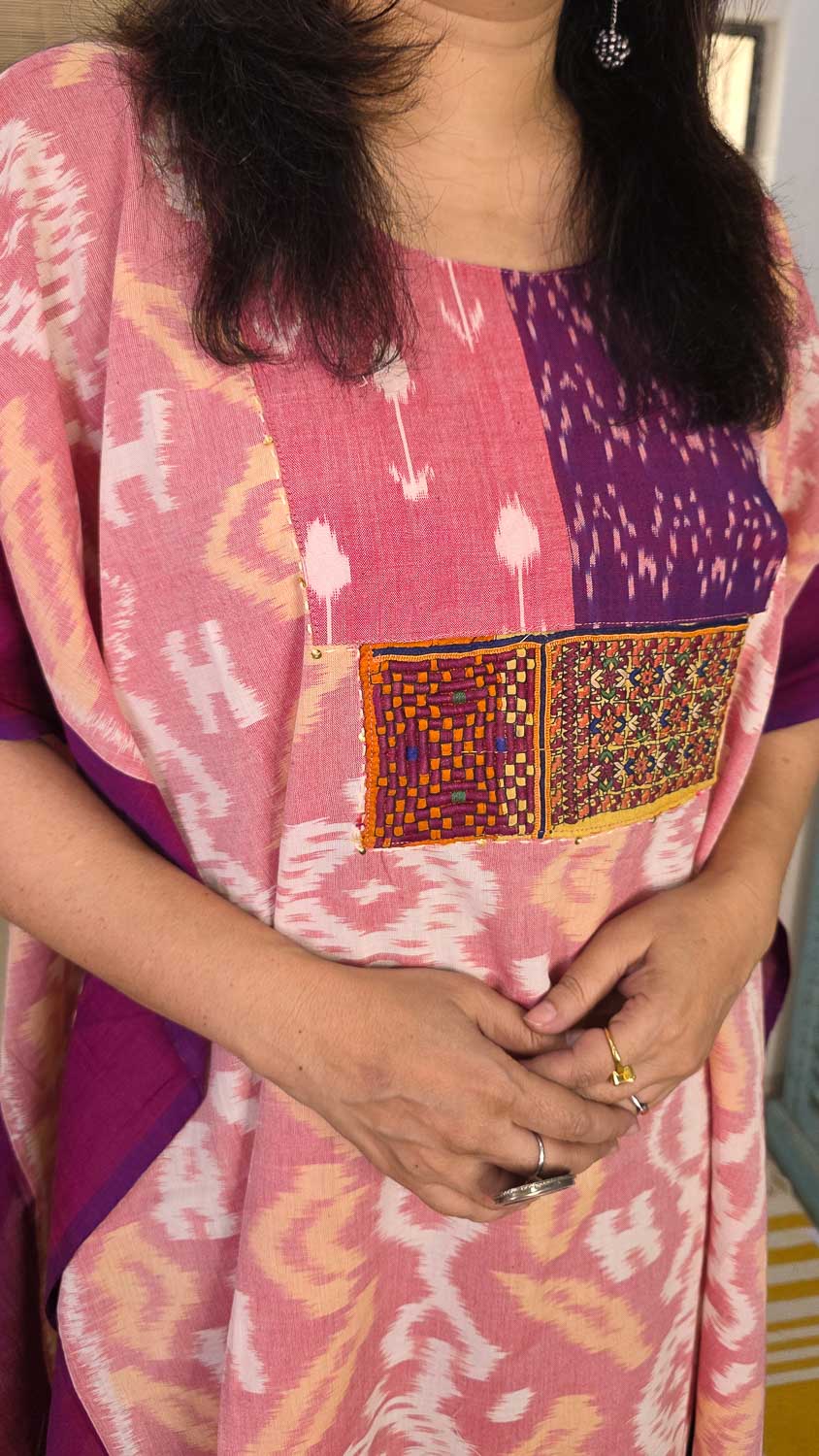 Pink-Magenta designer kaftan with patchwork & banjara handwork