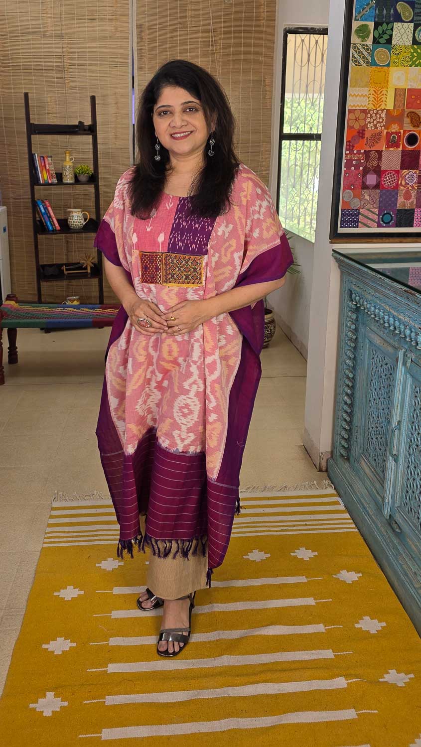 Pink-Magenta designer kaftan with patchwork & banjara handwork