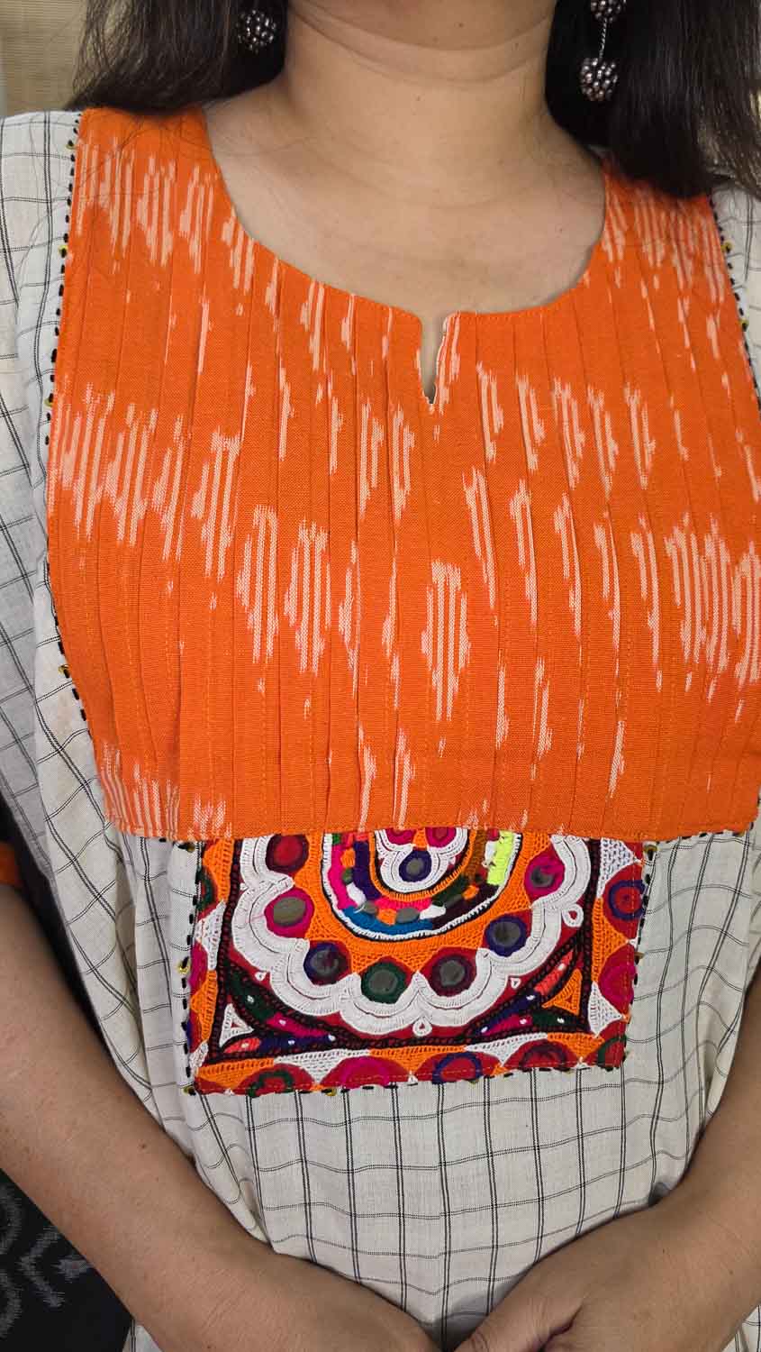 Black & Orange Designer kaftan with ikkat & banjara handwork