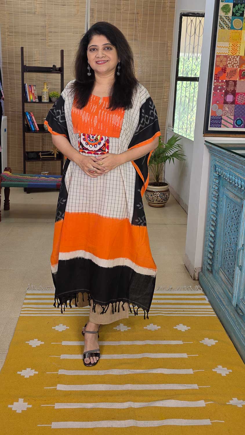 Black & Orange Designer kaftan with ikkat & banjara handwork