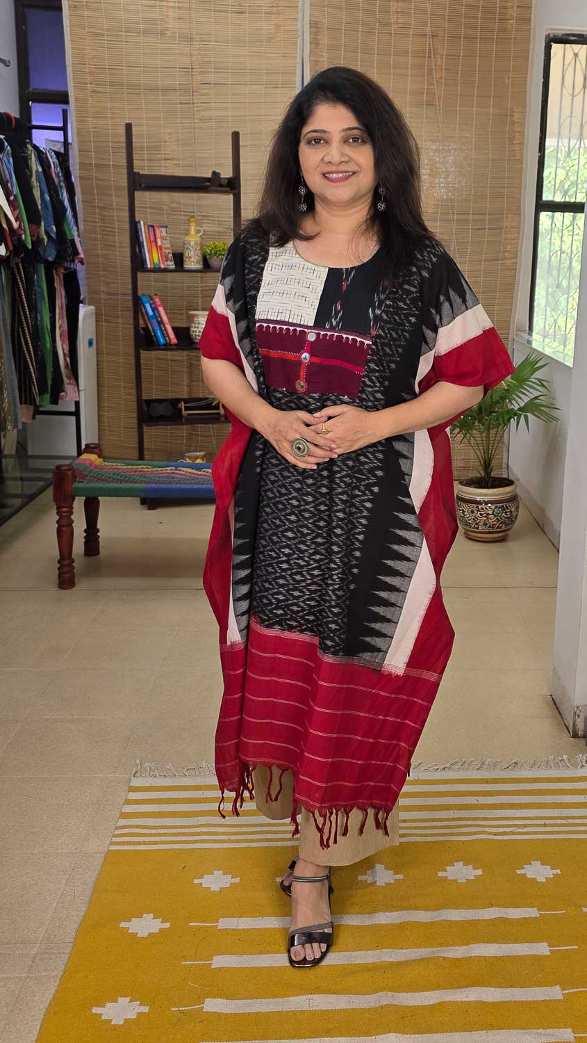 Designer kaftan with double Ikkat & banjara handwork