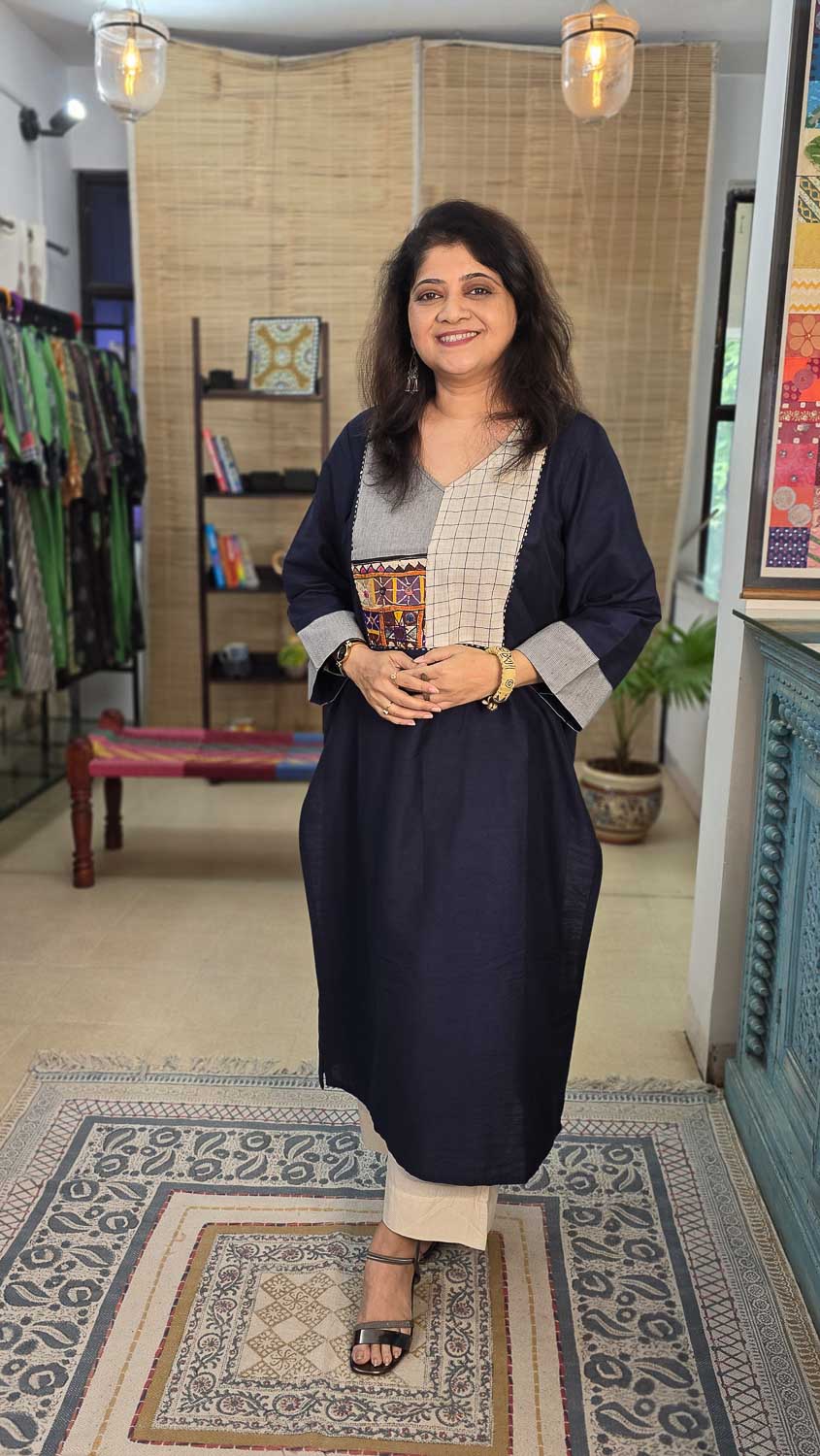 Cotton Silk chanderi geometric handblock dupatta with Banjara handwork