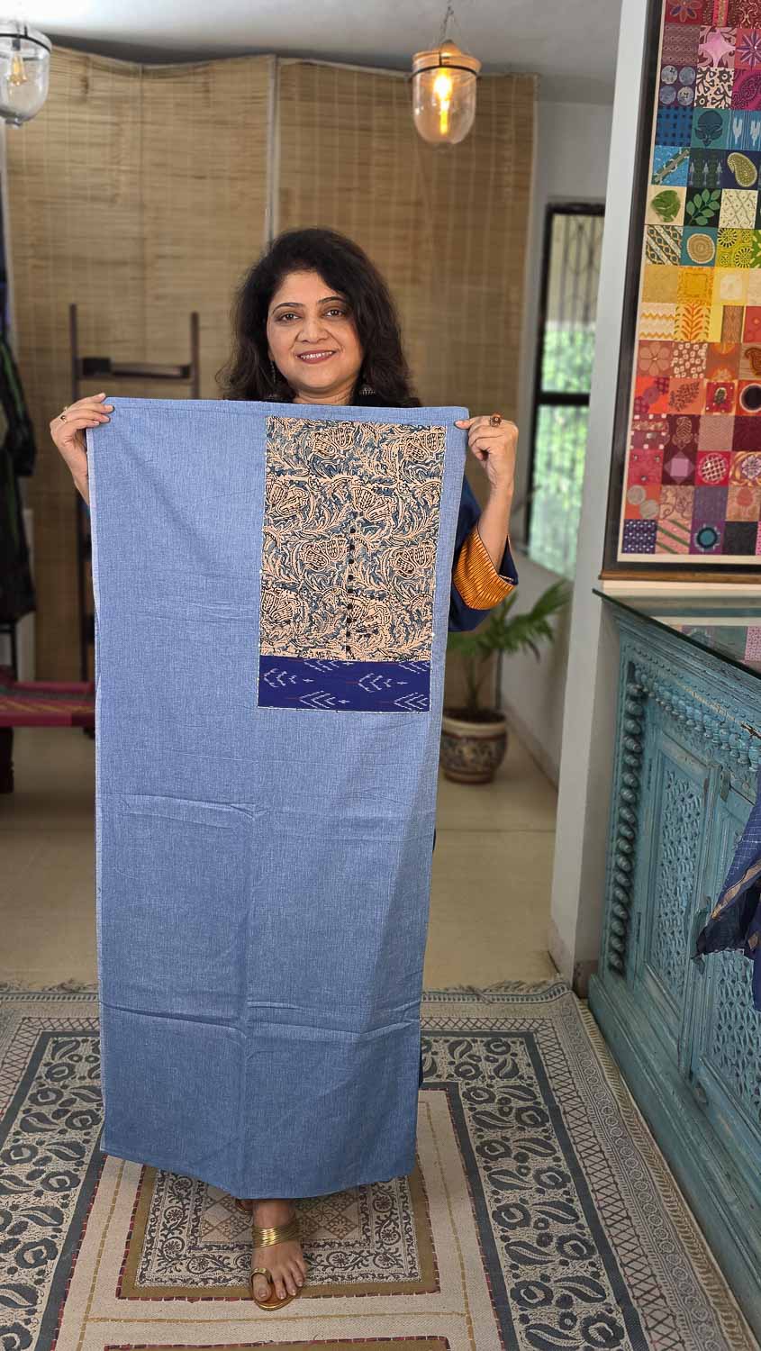 Shibori chanderi handblock dupatta with Kalamkari ikkat kurta fabric
