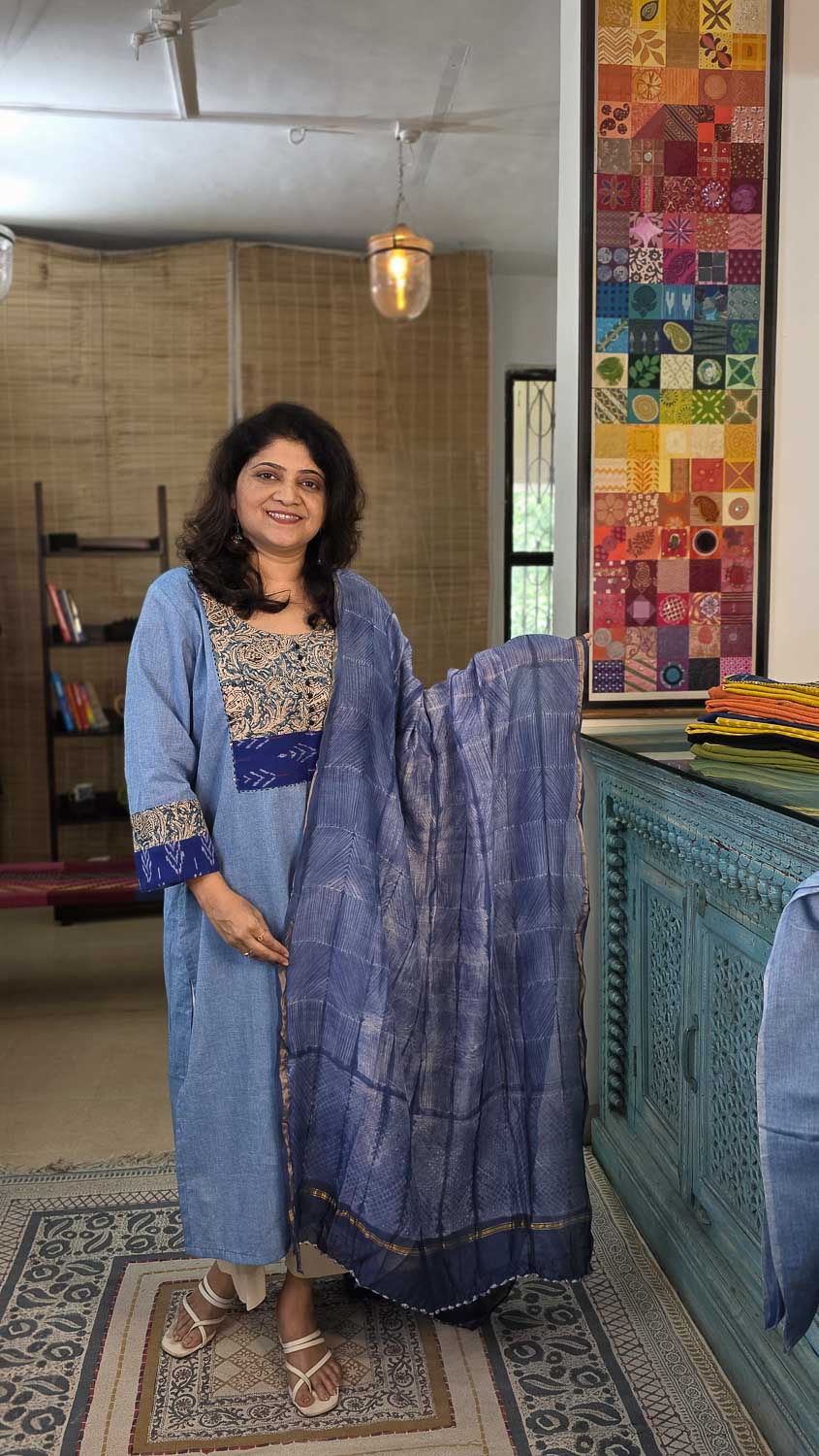 Shibori chanderi handblock dupatta with Kalamkari ikkat kurta fabric