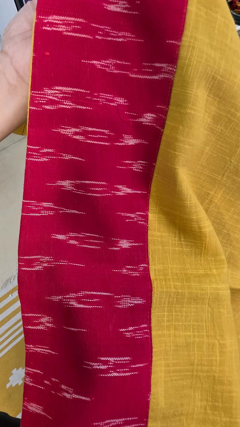 Yellow with ikkat and embroidered Pen kalamkari. Bhujodi dupatta.