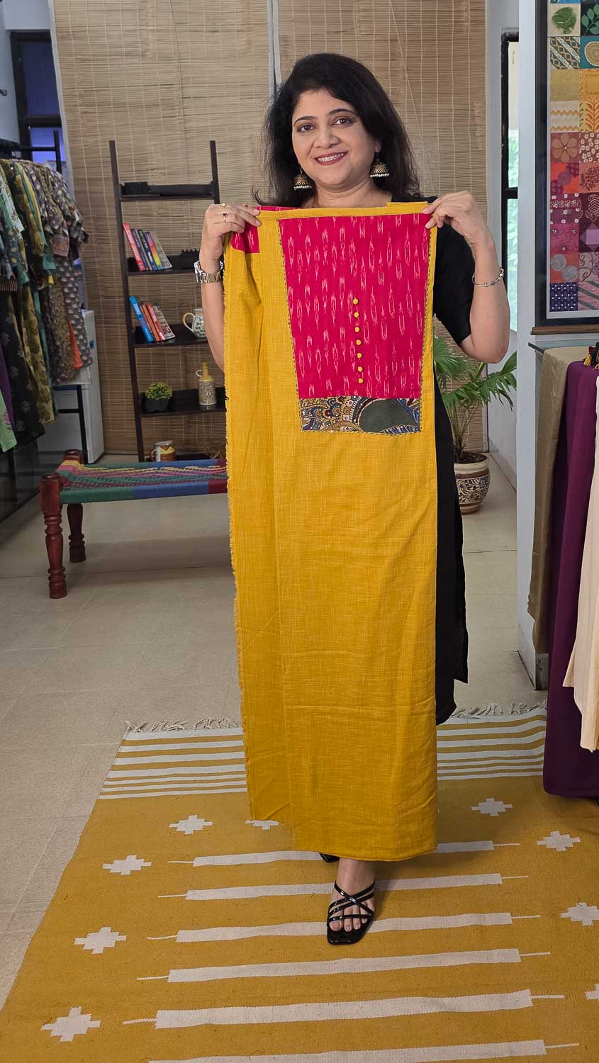 Yellow with ikkat and embroidered Pen kalamkari. Bhujodi dupatta.