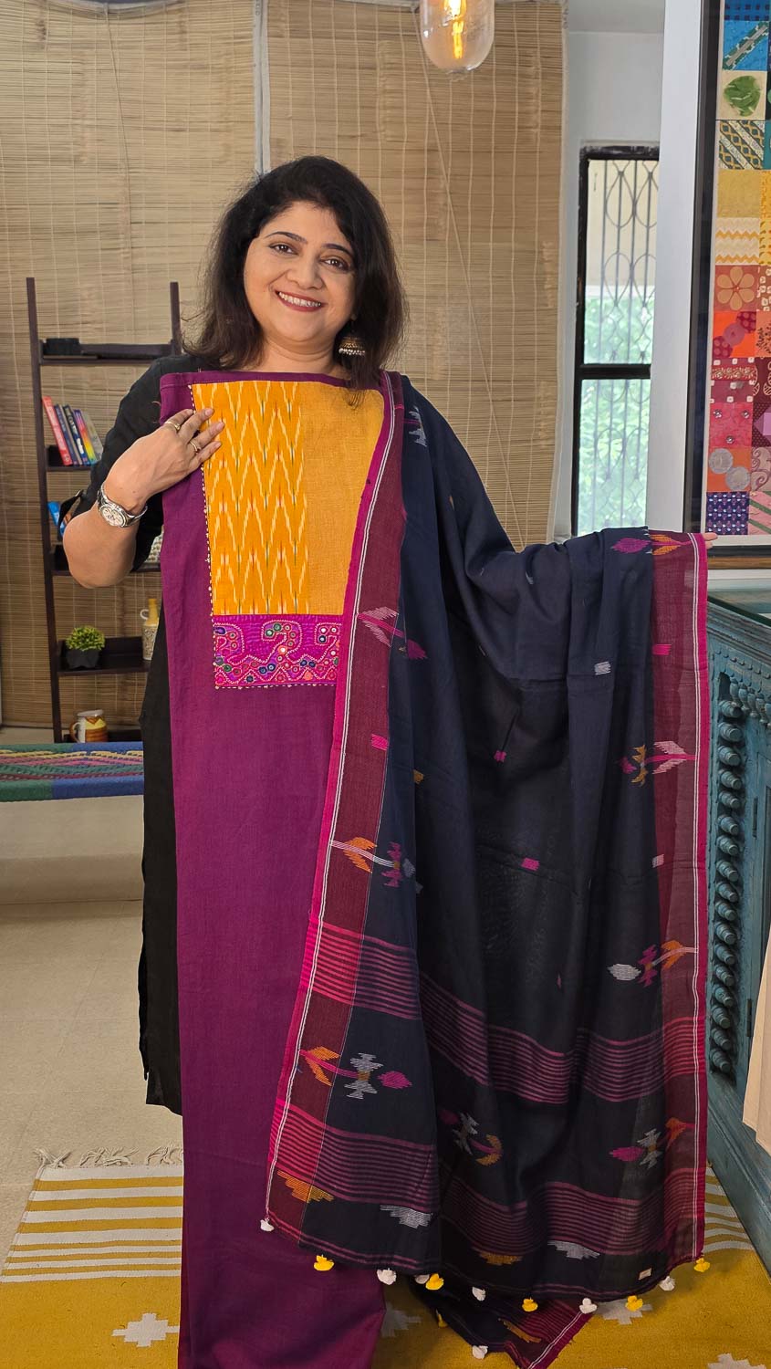 Purple with ikkat & banjara handwork. Jamdani dupatta