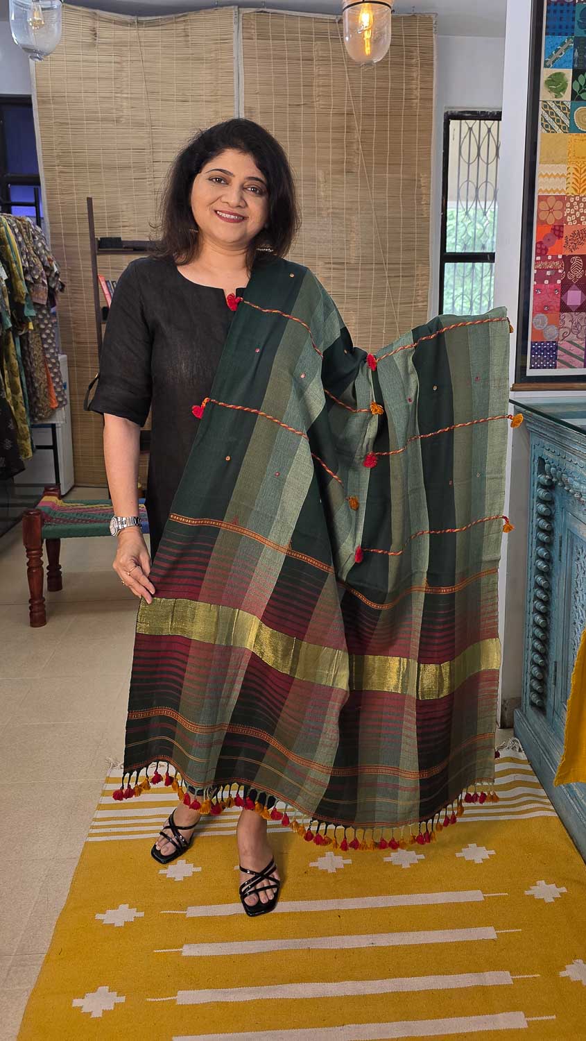 Yellow with ikkat and Pen kalamkari patch. Bhujodi dupatta.