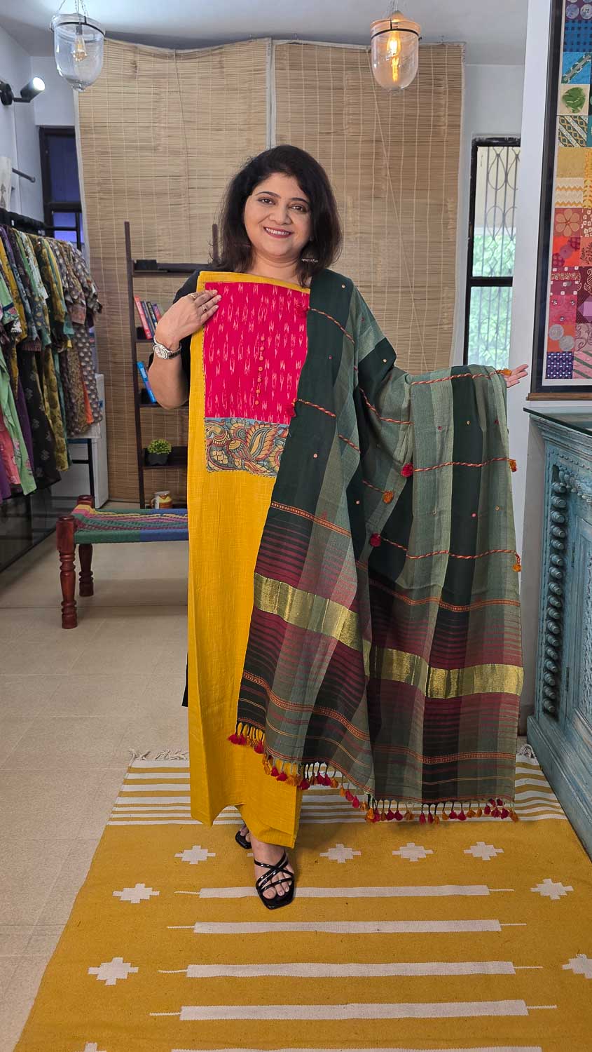 Pen kalamkari with ikkat Exclusive Patchwork with Bhujodi dupatta Set