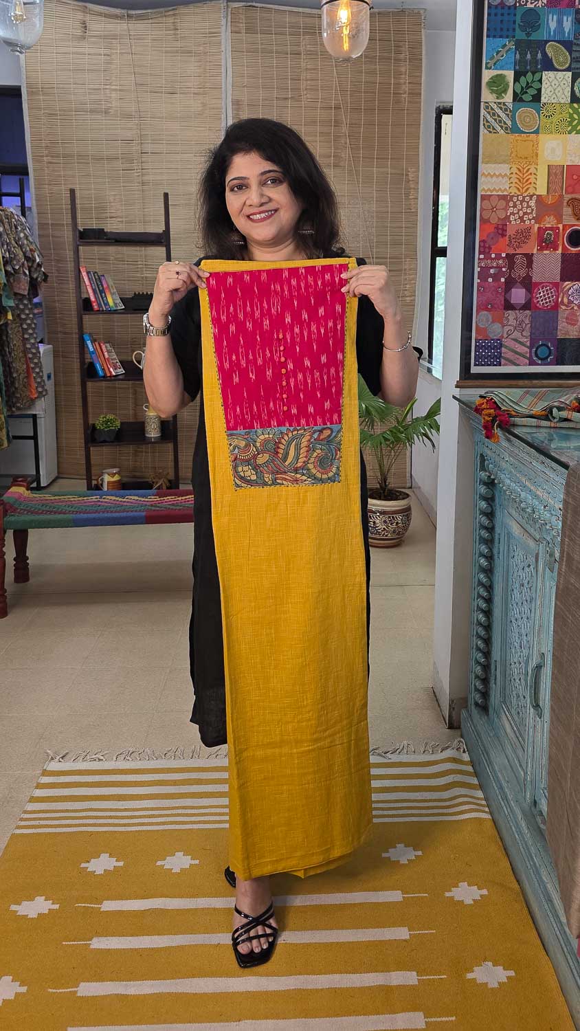Pen kalamkari with ikkat Exclusive Patchwork with Bhujodi dupatta Set