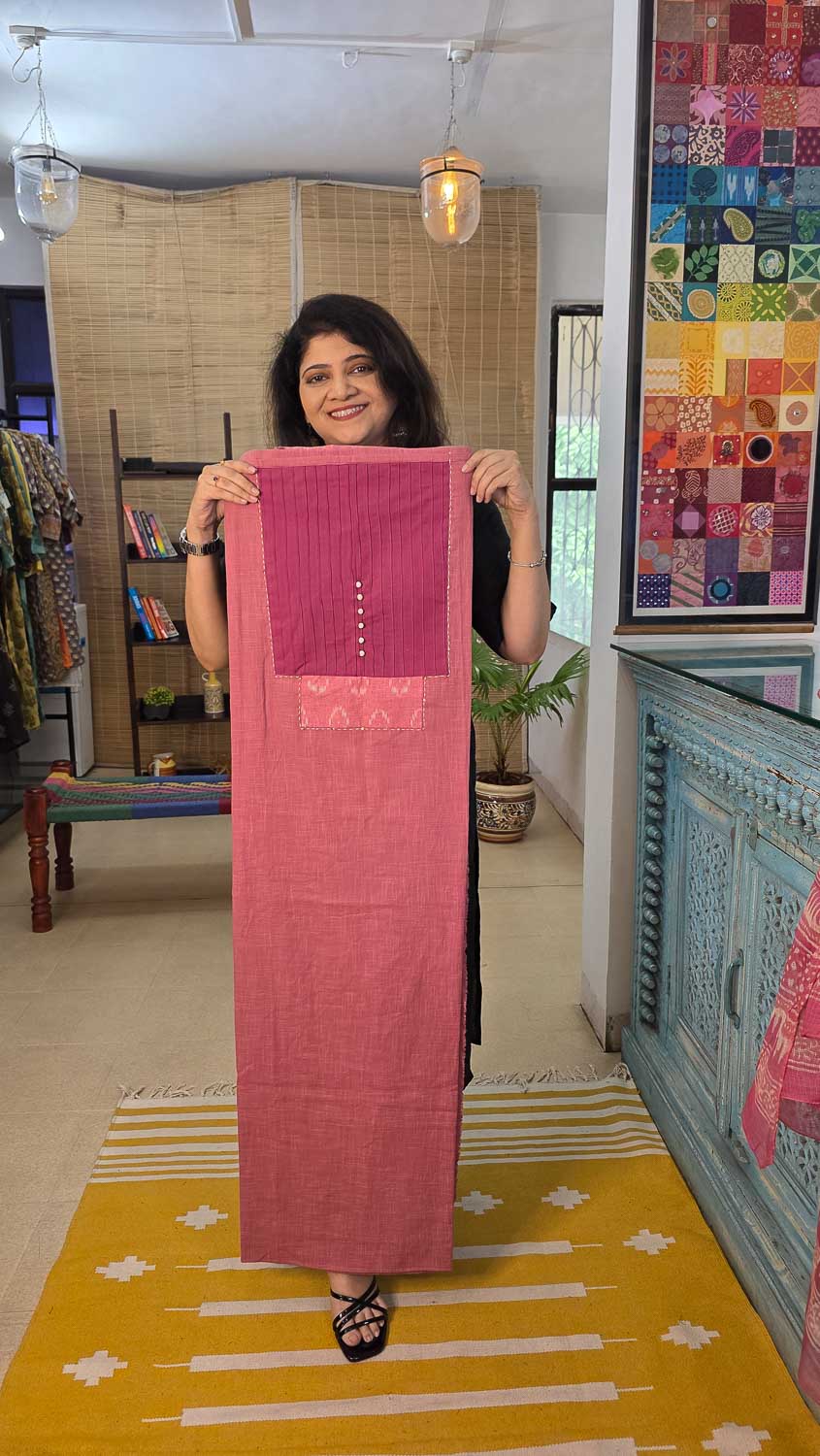 Pink kurta fabric with ikkat & pintuks, Kota doria dupatta.