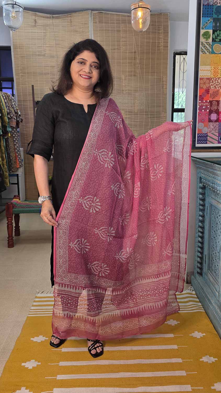 Pink kurta fabric with ikkat & pintuks, Kota doria dupatta.