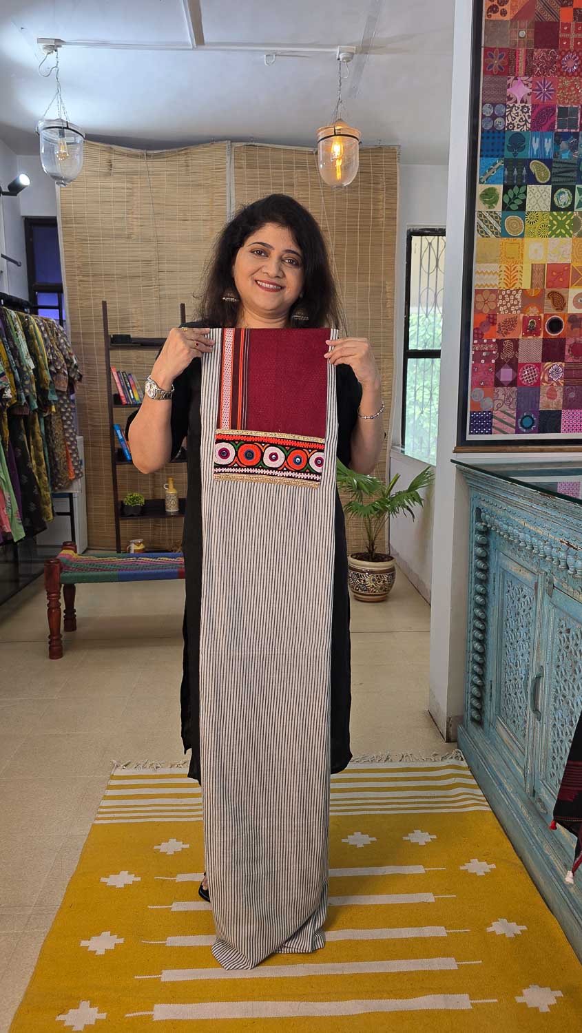 Striped ikkat with banjara. Jamdani dupatta