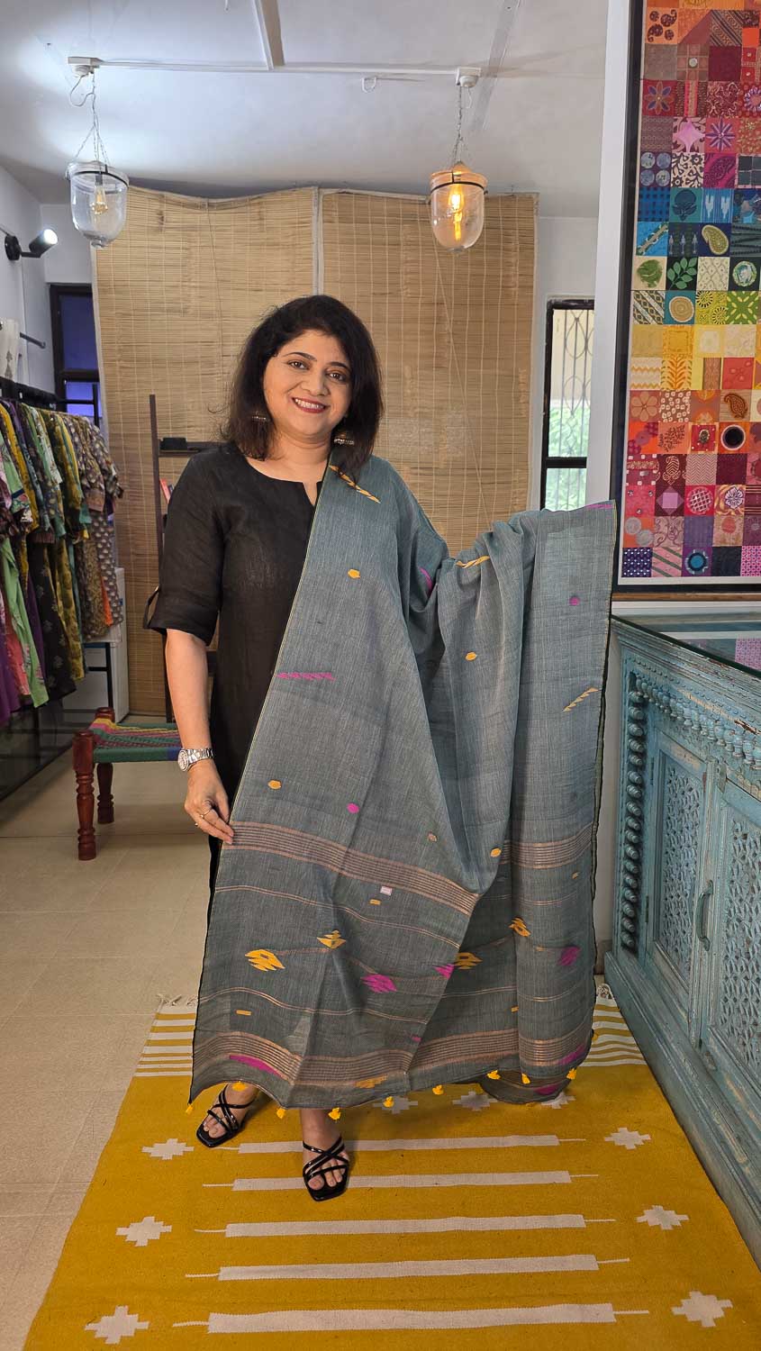 Raw silk Golden yellow with ikkat & banjara hand wok. Jamdani dupatta