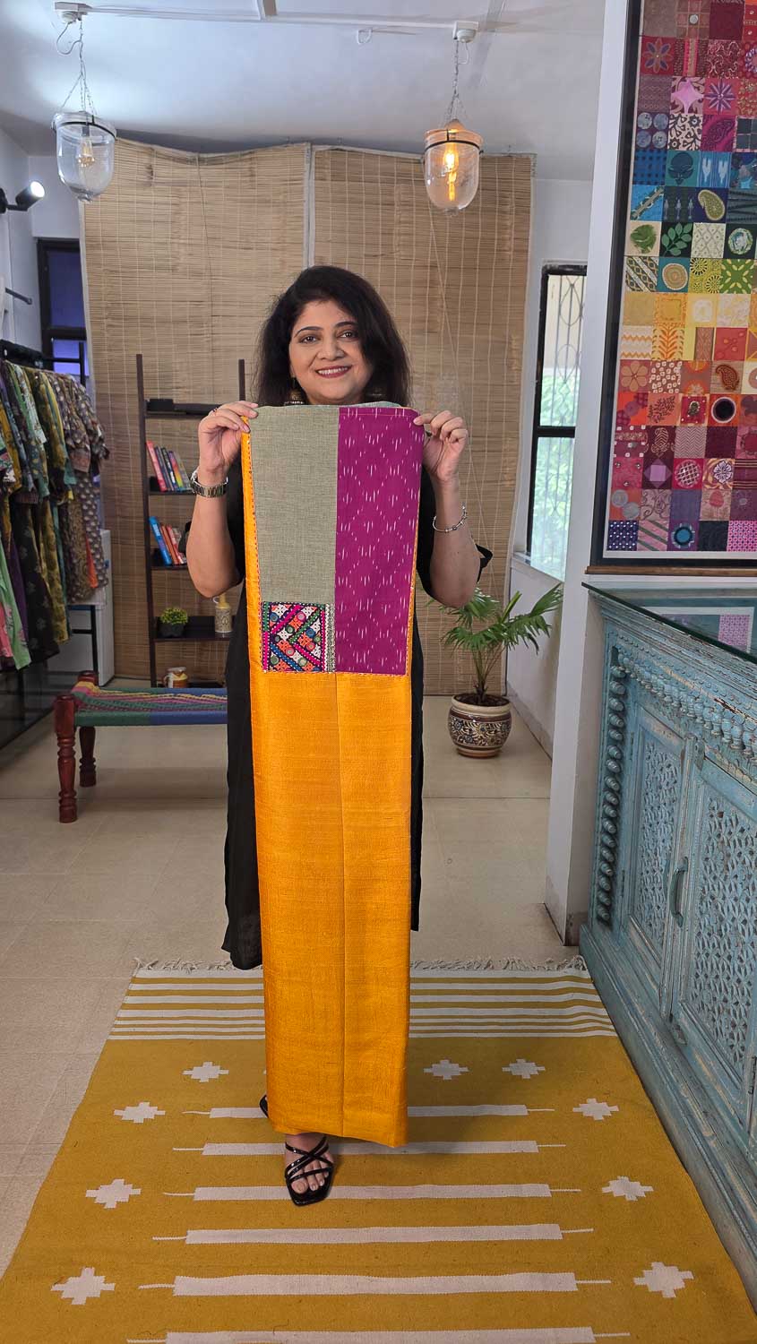 Raw silk Golden yellow with ikkat & banjara hand wok. Jamdani dupatta
