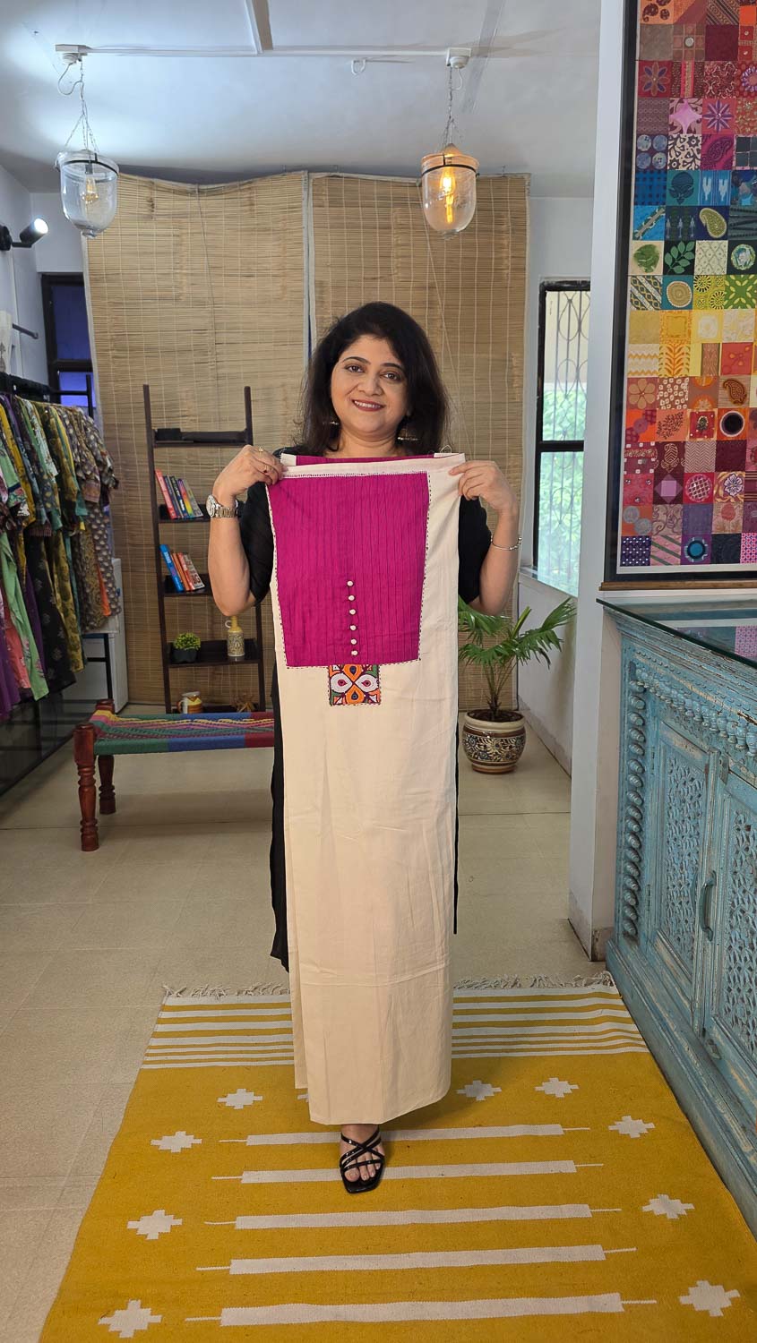 Cream cotton kurta fabric with pintucks & banjara work. Eco printed chanderi dupatta