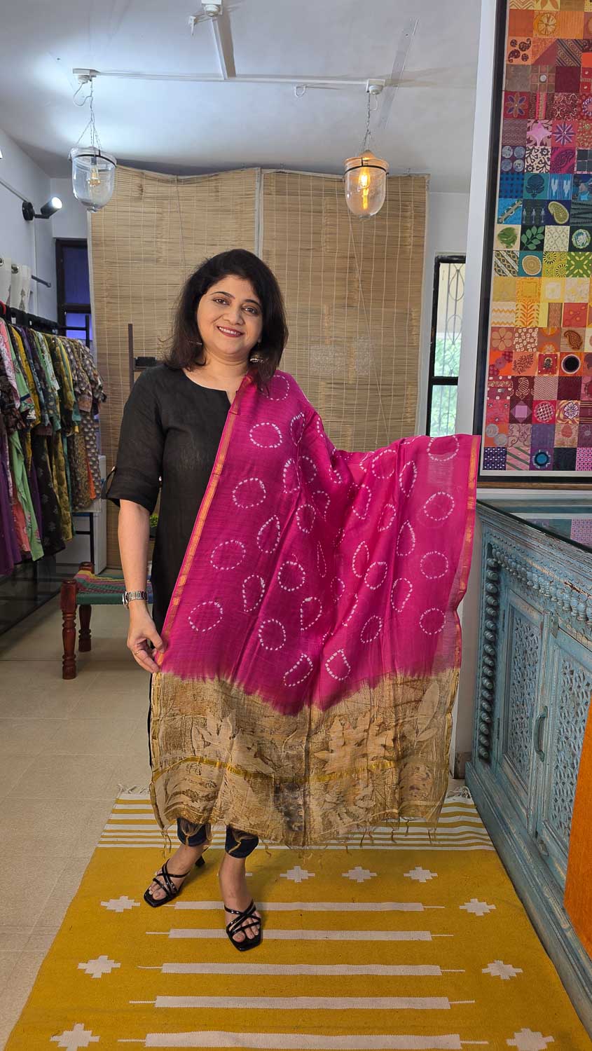 Cream cotton kurta fabric with pintucks & banjara work. Eco printed chanderi dupatta