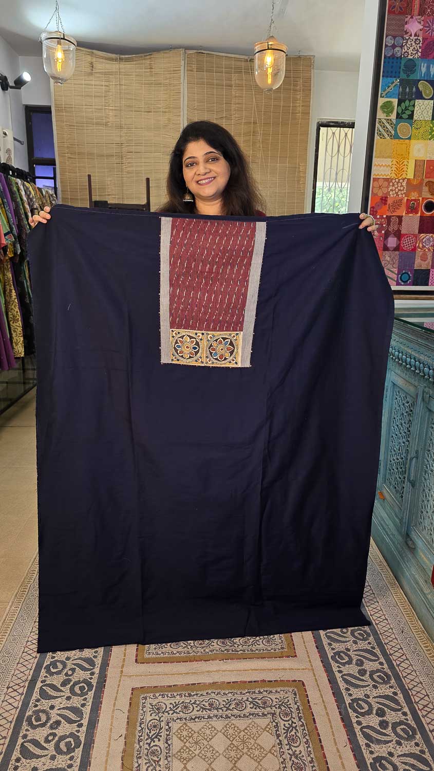Navy blue cotton silk with ikkat & Pen kalamkari