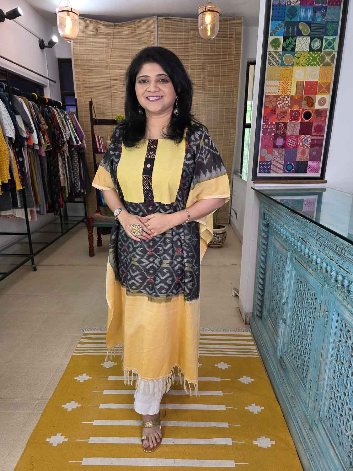 Black yellow Ikkat designer kaftan