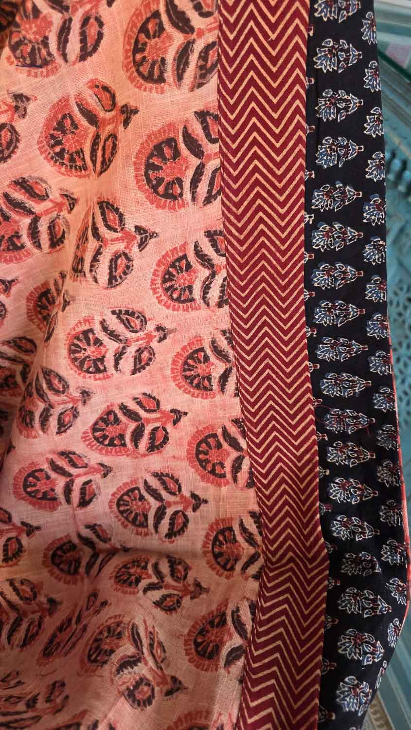 Handblock printed Peach vanaspati & ajrakh