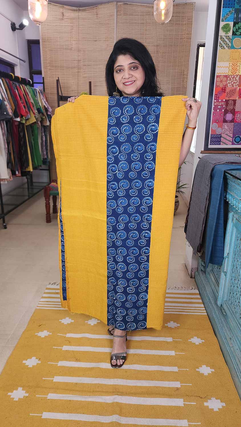 Yellow Indigo patterned kurta fabric