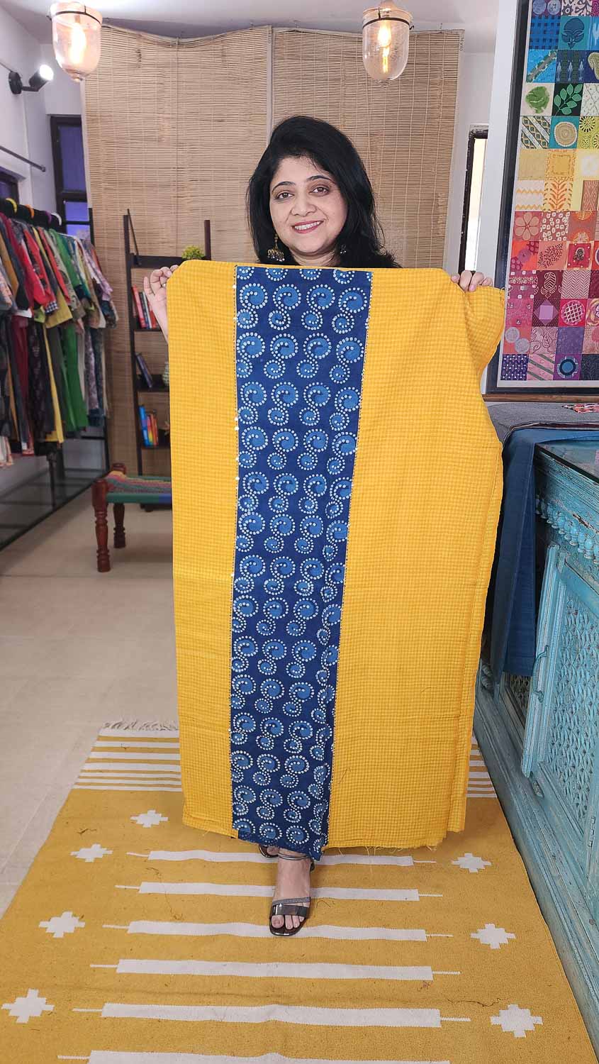 Yellow Indigo patterned kurta fabric
