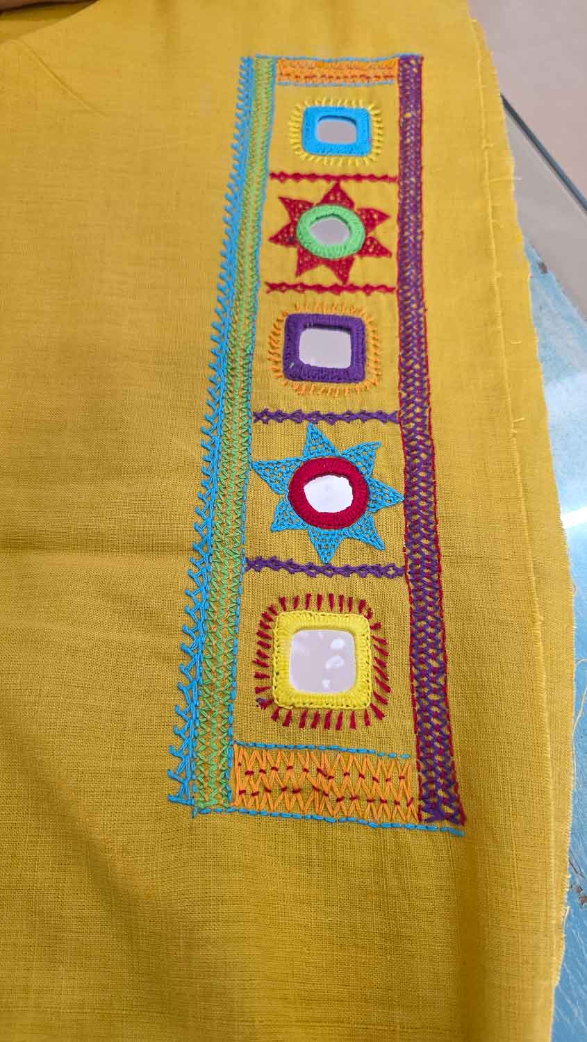 Yellow Lambani hand work kala cotton kurta fab